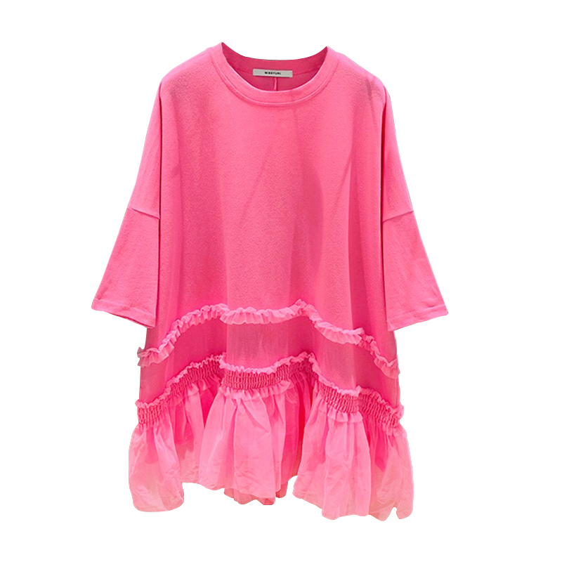 [EWQ] Spring Sweet T-shirt Mesh Stitching Top Student Plus Size Short Sleeved Summer T Shirt Oversize Pullover Shirts Black 210306