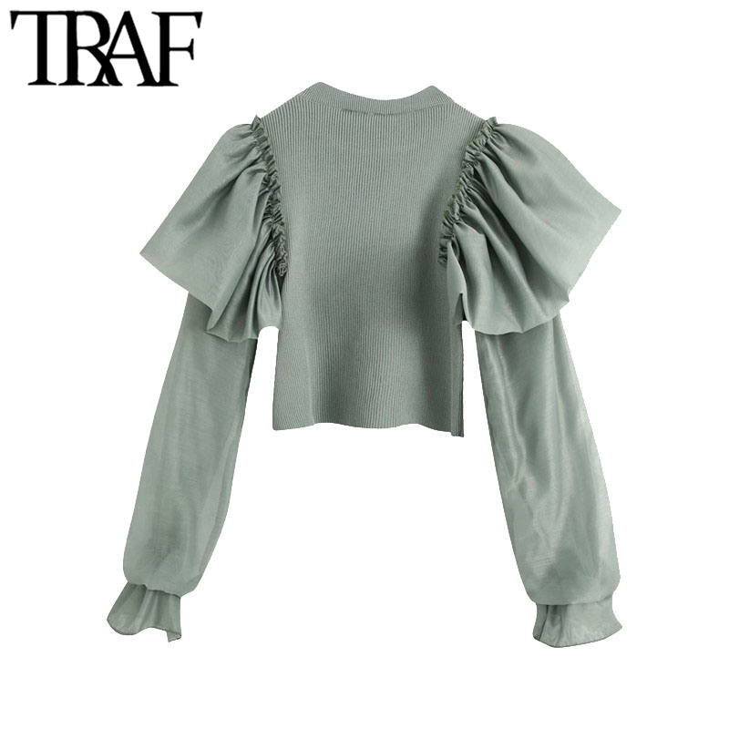 TRAF Women Fashion With Ruffled Stretch Slim Cropped Knitted Blouses Vintage O Neck Long Sleeve Female Shirts Chic Tops 210225
