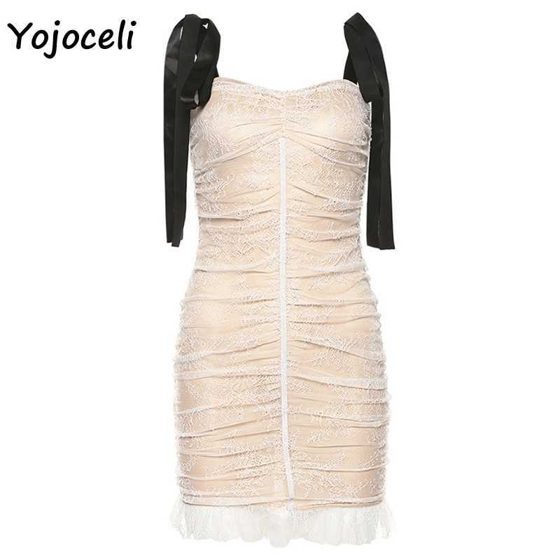 Yojoceli autumn sexy lace dres strap bow ruffle crochet 210609