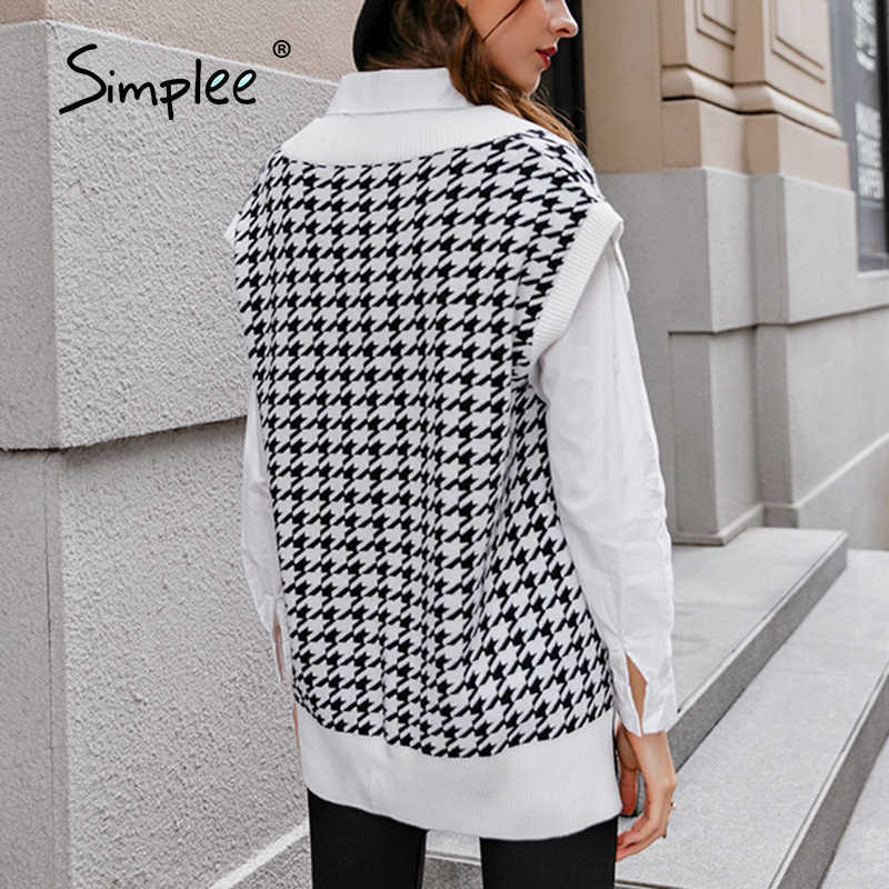 Houndstooth knitted sweater vest women V neck sleeveless oversized pullover vintage Fall winter female waistcoat sweater 210918