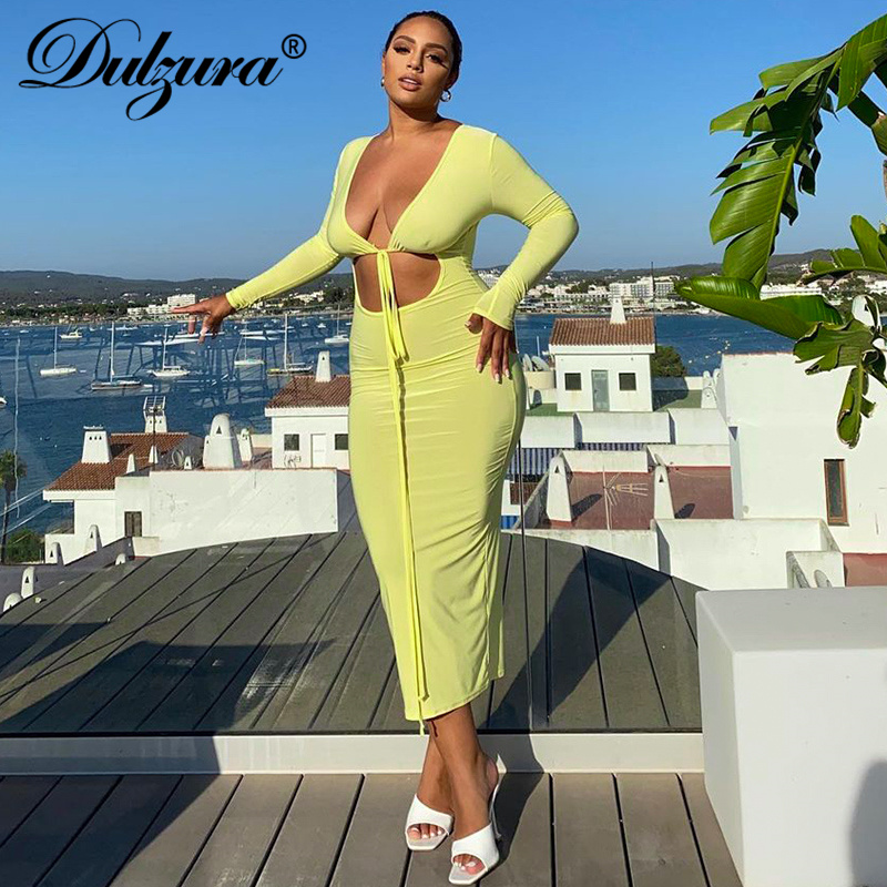 2021 autumn winter women solid long sleeve hollow out midi dress lace up v neck bodycon party club slim clothes, Black;gray
2021 autumn winter women solid long sleeve hollow out midi dress lace up v neck bodycon party club slim clothes, Black;gray