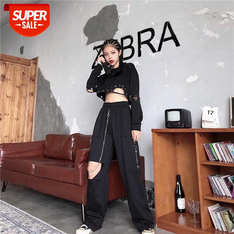 Streetwear Korean Punk Hip Hop Trouser Style Elastic High Waist Chain Straight Wide Leg Destroy Trousers Female Pantalon Mujer #Yk7c, Black;white 
Streetwear Korean Punk Hip Hop Trouser Style Elastic High Waist Chain Straight Wide Leg Destroy Trousers Female Pantalon Mujer #Yk7c, Black;white