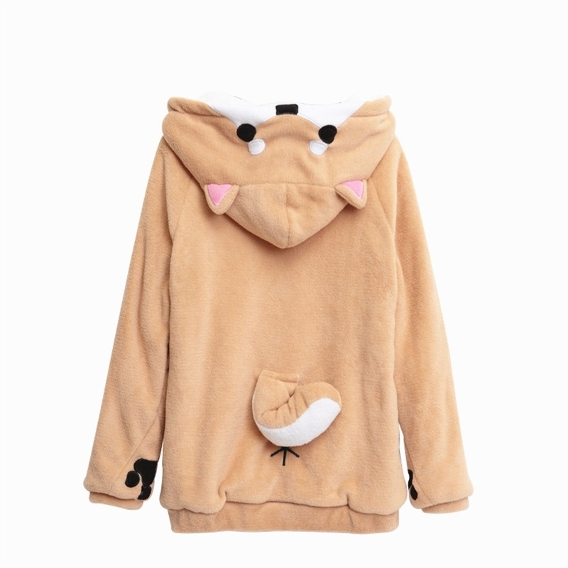 Shiba Inu Doge Kawaii lovely Velvet Long-sleeved Hooded Plush Coat Cartoon Anime Style Warm lady Winter Sweatshirt Christmas 201203