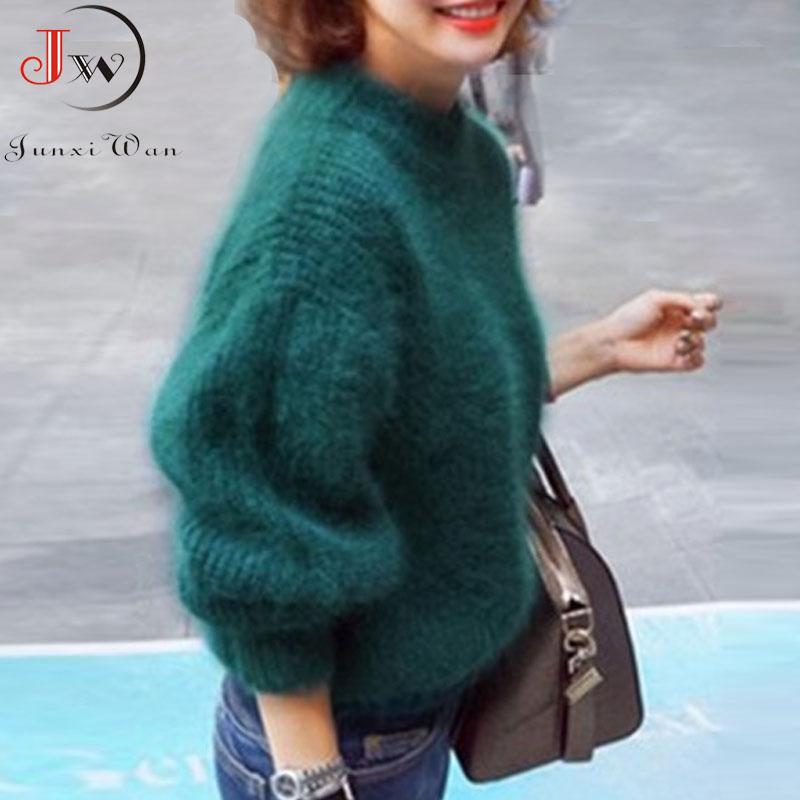 Turtleneck Mohair Sweater For Women | Warm White Knitted Lantern Sleeve Pullover B3
