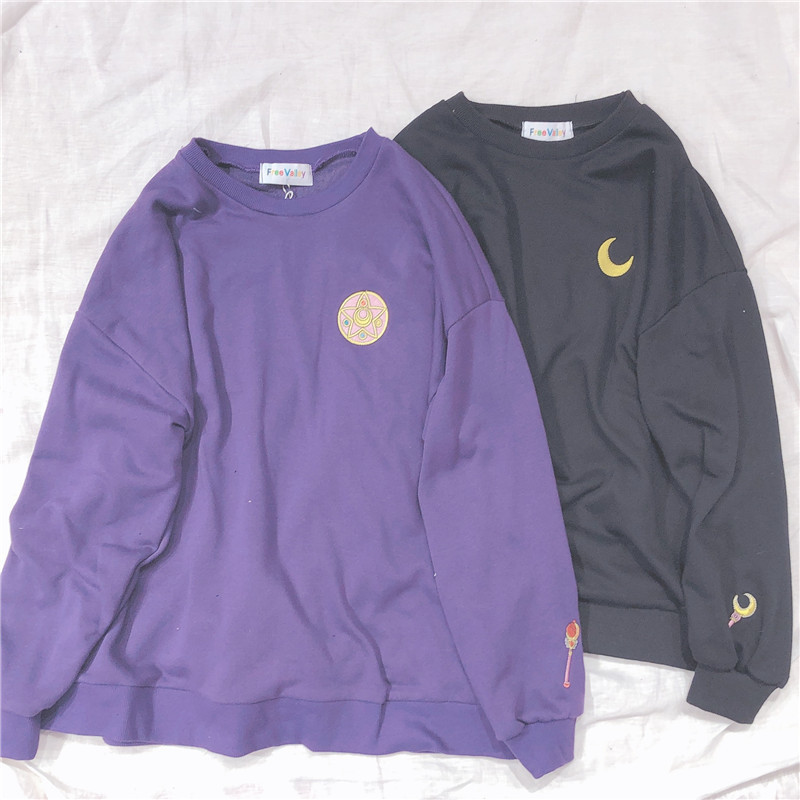 Woherb Spring Summer Harajuku Kawaii Thin Sweatshirt Women Sailor Moon Embroidery Cosplay Long Sleeve Tops Hoodie 21262 201211