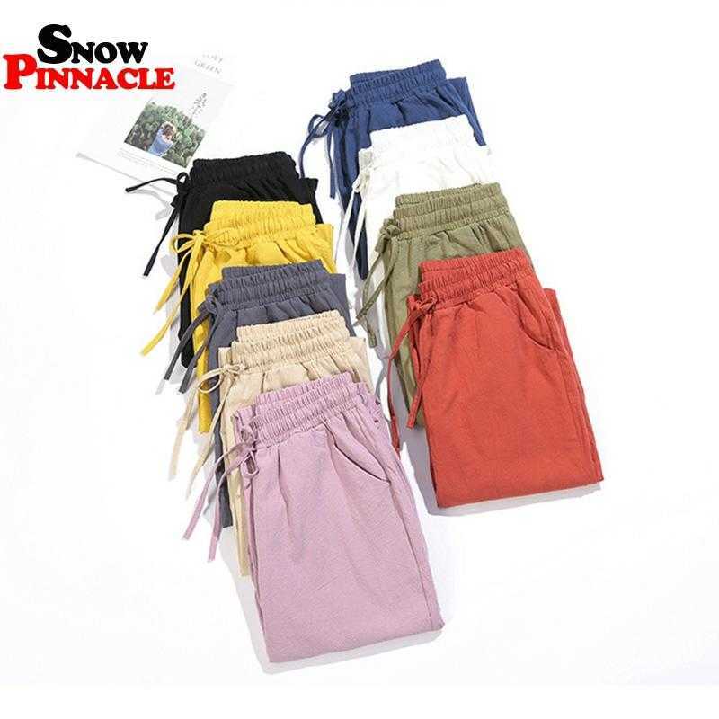 Womens Spring Summer Pants Cotton Linen Solid Elastic waist Candy Colors Harem Trousers Soft high quality for Female ladys S-XXL 210524