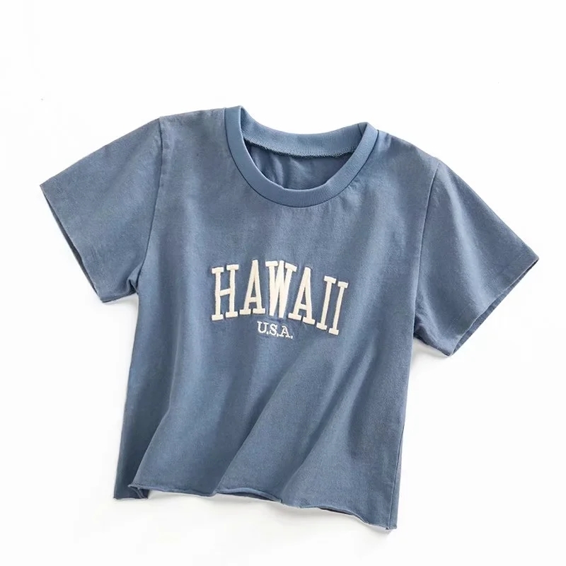 Women Embroidery Letters Washed Crop Tee with Raw Hem Short Sleeve Cotton Crop T-shirt In Blue 210306