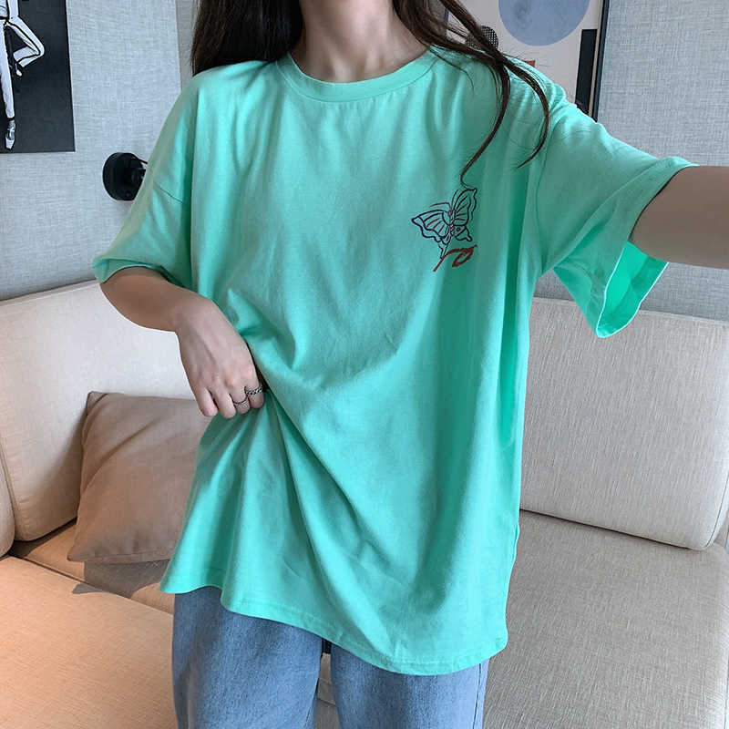 Yedinas E Girl Butterfly Printing T Shirt Harajuku Vintage T-shirt Aesthetic Korean Clothes Oversized Tshirt Mint Tops Plus Size 210527