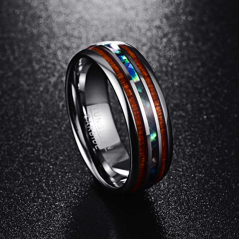 silver color koa wood abalone inlay high polish 8mm width 100% genuine wedding band elegance tungsten carbide rings for men 210701
