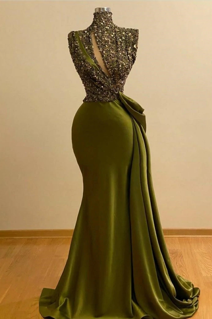 Gorgeous Olive Green Mermaid Prom Evneing Dresses Vintage High Neck Cap Sleeve Beads Appliques Ruffles Long Party Occasion Gowns BC4422