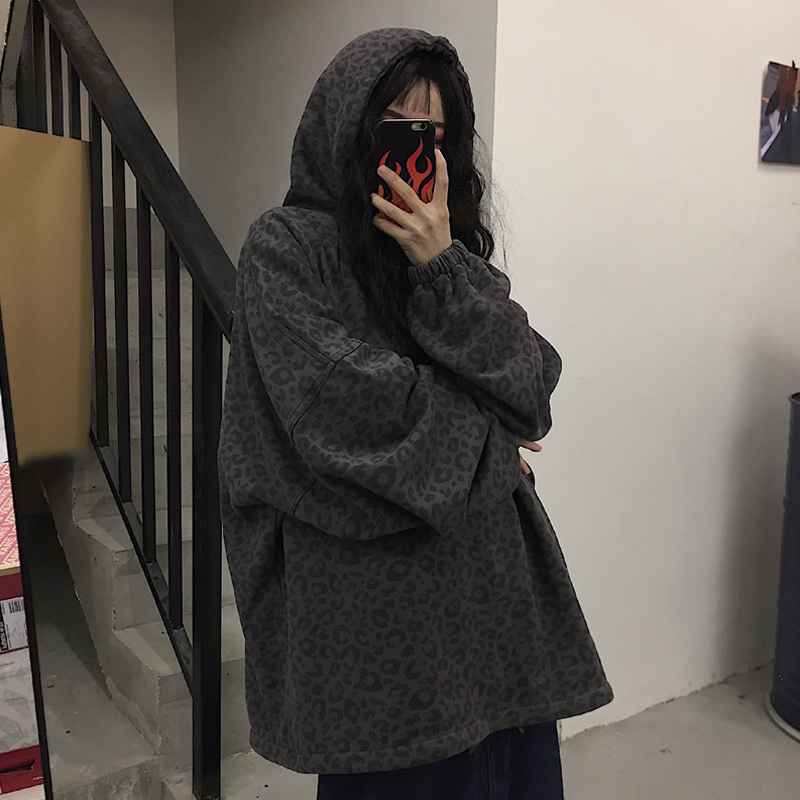 Plus Size Oversized Loose Hooded Leopard Hip Hop Sweatshirt Pullover Hoodies Women Harajuku Streetwear Punk Top Warm Fleece 201126