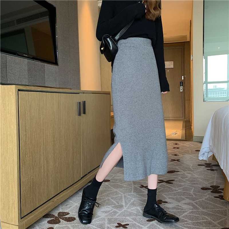 Autumn and Winter Korean Long Back Slit Skirt Hip Skirts All-match High Waist Slimming Black Knitted Skirt Women Plus Size 211119