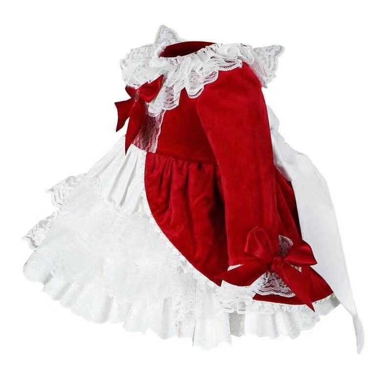4PCS Girl Autumn Winter Spring Red Velvet Vintage Spanish Princess Lolita Pompom Ball Christmas Birthday Wedding Party Dress Q0716