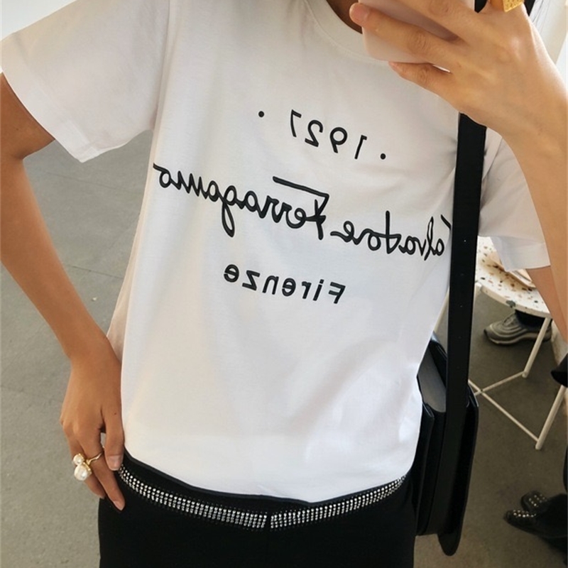 Casual Cotton T-Shirt Women Summer Korean Style Fashion Letter Print O-Neck Short Sleeve Black White Tshirt Tops T452 210302