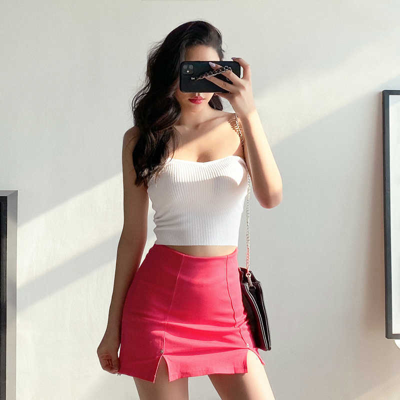 Summer Personality Split Red Pink Corduroy Pencil Micro-bomb Sexy Double Layer Safety Girl Female Skirt E278 210603