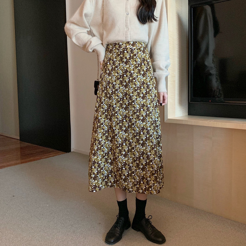 Autumn Print Casual Fashion for Women Spring Summer Elegant Female Vintage ALine Skirt 210306