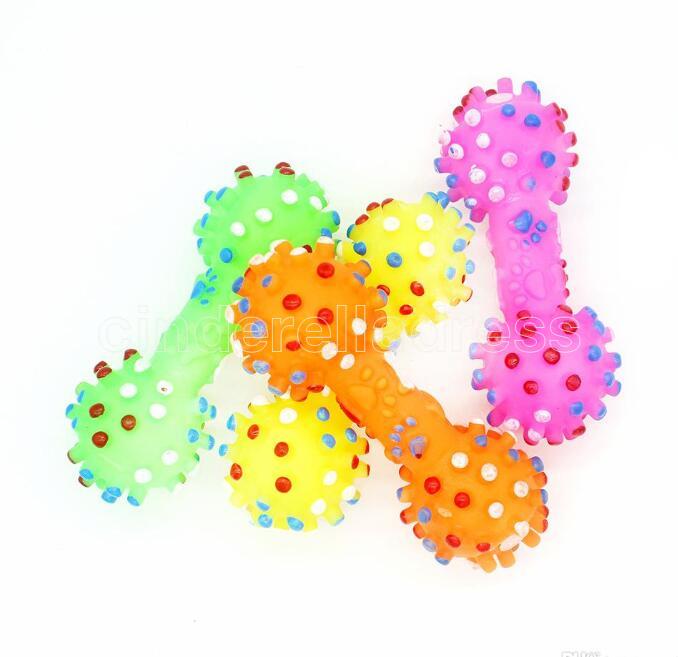free shipping Colorful Dotted Dumbbell Shaped Dog Squeeze Squeaky Faux Bone Pet Chew Toys For Dogs DHL B0520A01