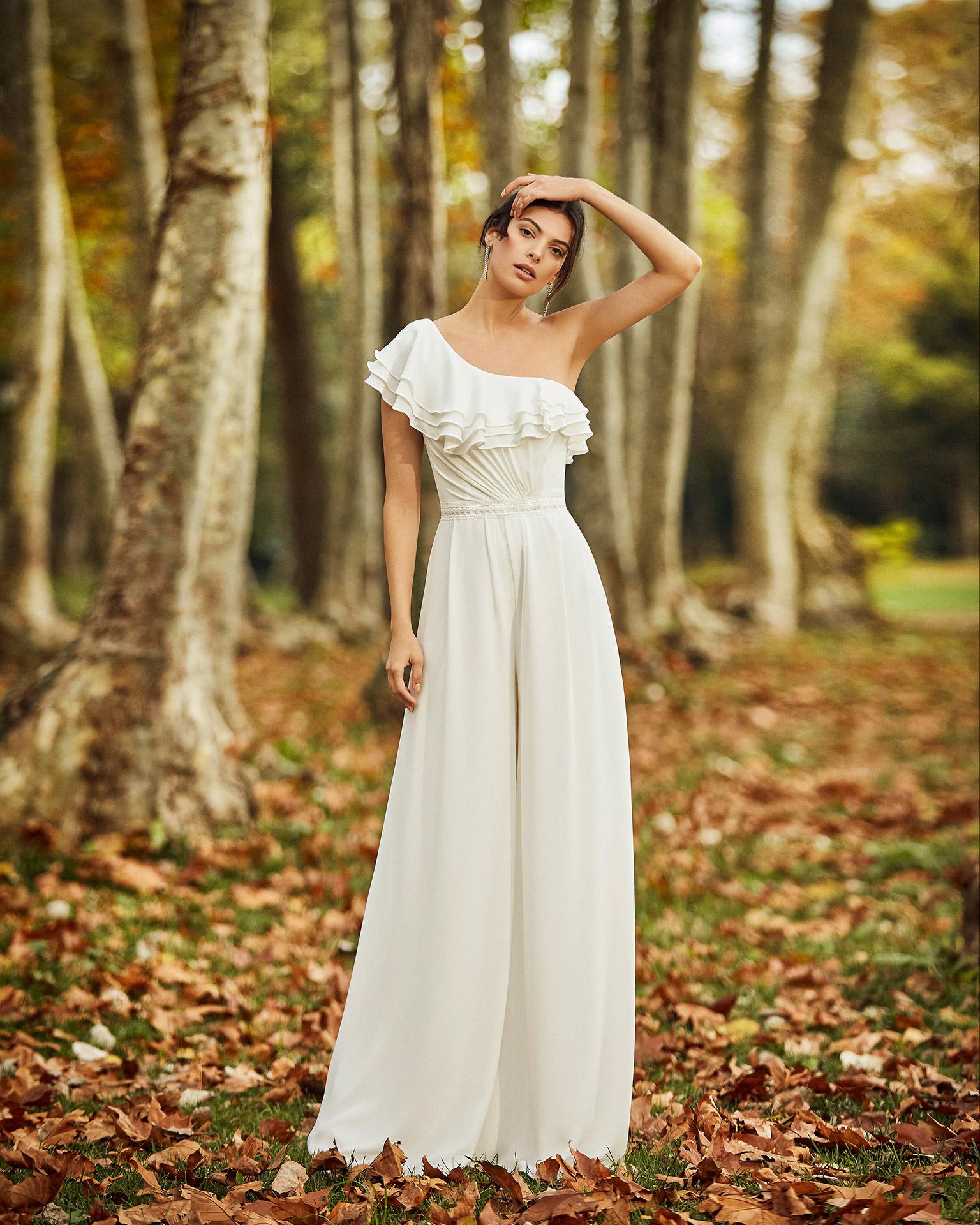 Arrival Bohemian New Cheap Simple Jumpsuit One Shoulder Chiffon Floor Length Ruffles Beach Wedding Dress Pants Robes De Marie