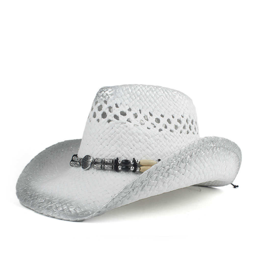 Retro Handmade Weave Straw Women Men Hollow Western Cowboy Hat Lady Dad Sombrero Hombre Cowgirl Jazz Sun Caps Size 56-58cm Q0805