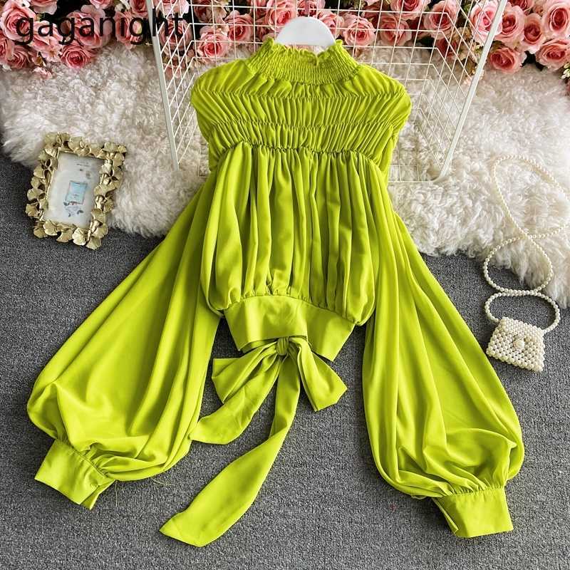 Women Chiffon Blouses Elegant Office Ladies Tops Spring Solid Half Turtleneck Shirts Long Lantern Sleeve Party Blusas 210601