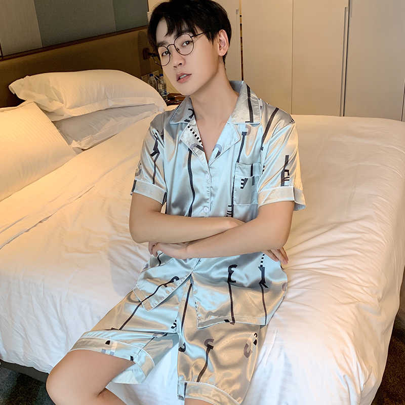 Summer Silk Male Sleepwear Men Pyjamas Plus Size 4XL 5XL Short Sleeve Home Wear Autumn Boy Pajama Set Leisure Sleepwear Set 210812
