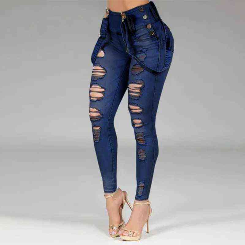 Women Jeans High Waisted Straight Skinny Stretchy Pant Streetwear Ladies Hole Washed Bandage Denim Pencil Pants Trousers 211112