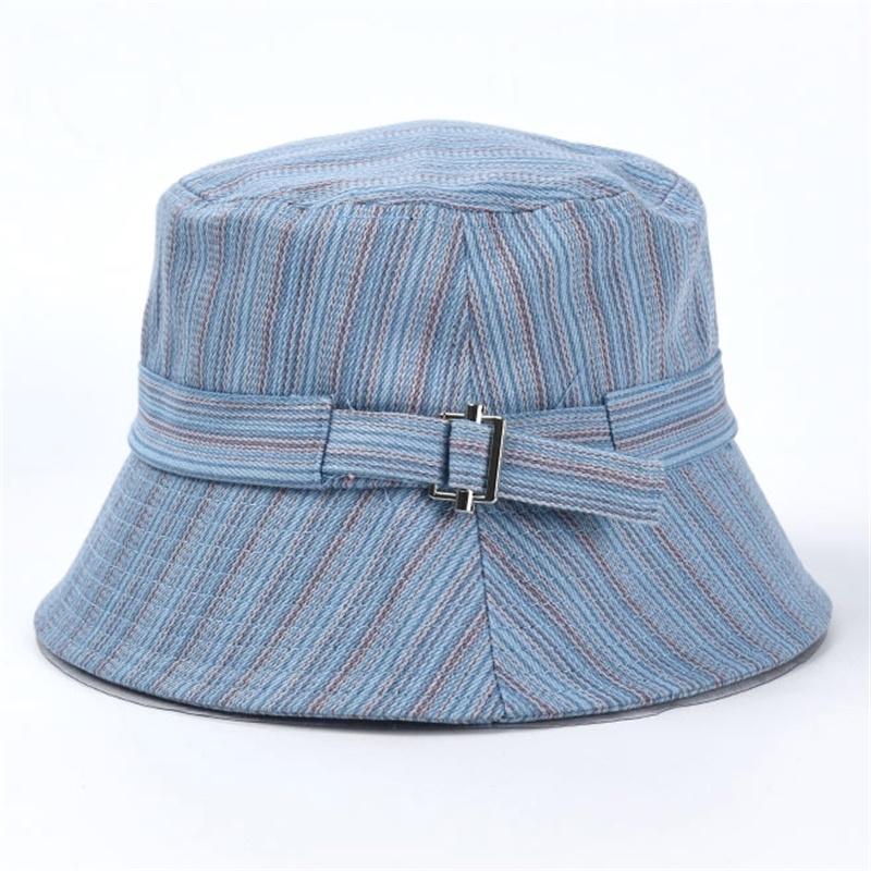 Wide Brim Hats 2021 Women Striped Denim Bucket Hat Fashion Metal Buckle Fisherman Sun Protection Japanese Leisure Basin Wholesale