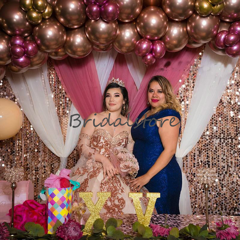 Sparkly Rose Gold Sequin Quinceanera Dresses Elegant Sweetheart Plus Size Prom Party Dress 2021 Beaded Fluffy Tulle Mexican Sweet 15 Dress
