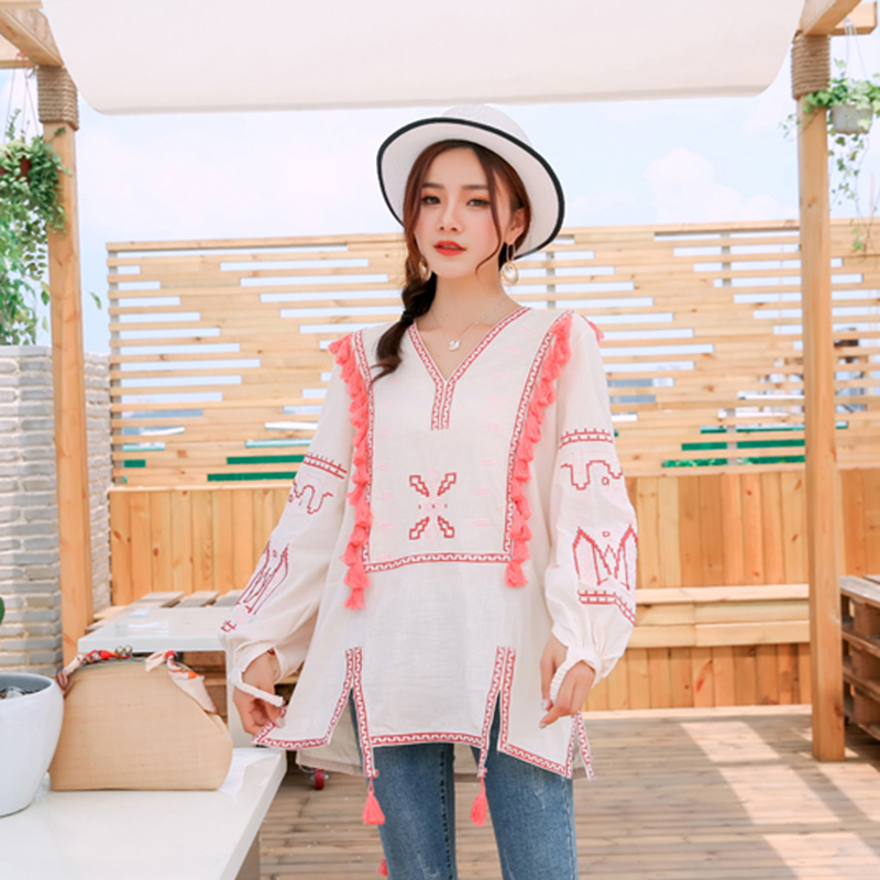 Khale Yose Summer Boho Chic Womens Tops And Blouses Loose Embroidery Blouse Shirt Cotton Tassles Hippie Ethnic Gypsy Tunic 210225