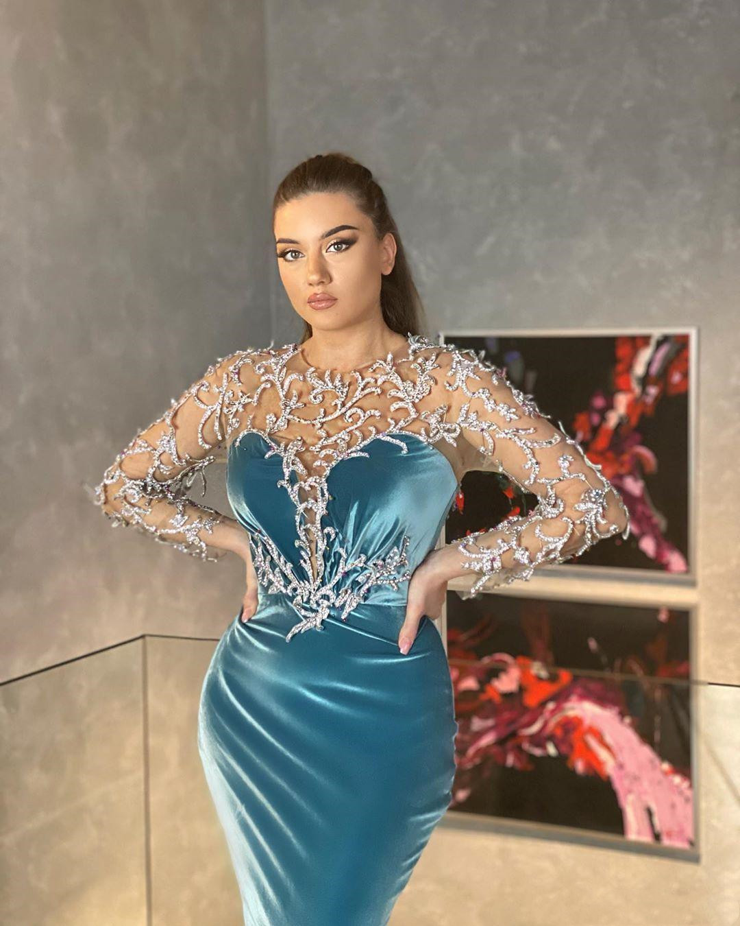Arabic Aso Ebi Blue Luxurious Sexy Evening Dresses Beaded Crystals lace Velvet long sleeve Formal Party Second Reception prom Gowns