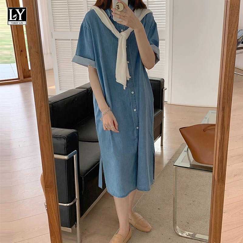 LY VAREY LIN Spring Summer Women Casual Single Breasted Short Sleeve Denim Dresses Loose Lapel Split Dress+Shawl 210526, Blue
LY VAREY LIN Spring Summer Women Casual Single Breasted Short Sleeve Denim Dresses Loose Lapel Split Dress+Shawl 210526, Blue