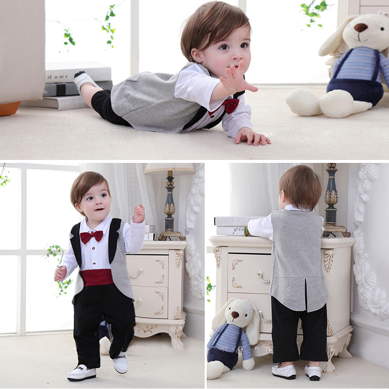 New born Baby Tuxedo sets rompers clothing set for boys weeding birthday formal party clothes dress cotton long sleeve costume 210226bj