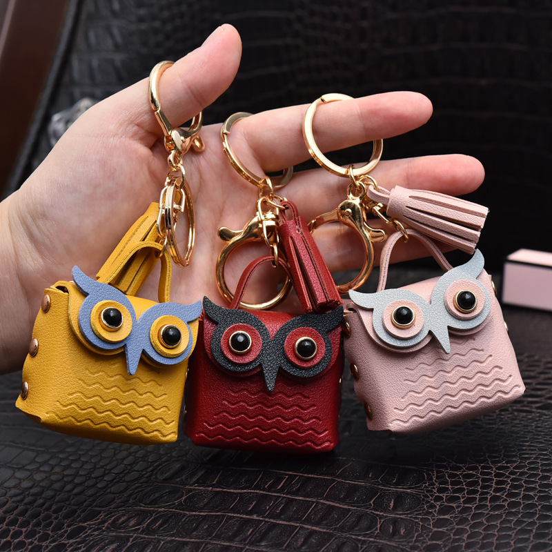 Cute Mini Ladies Leather Bag Keychain Owl Coin Purse Earphone Bag Car Key Charm Luggage Pendant Gift for Girlfriend Keyfob