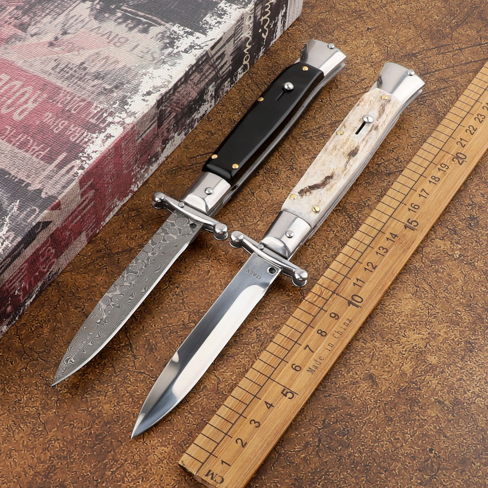 High quality Italian 9 inch Damascus horn steel 440 blade outdoor camping self-defense hunting collection tactical automatic knife
High quality Italian 9 inch Damascus horn steel 440 blade outdoor camping self-defense hunting collection tactical automatic knife