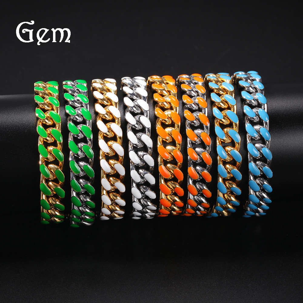 New hip hop stainless steel oil dripping color Cuba chain 12mm fashion trend men's and women's Bracelet
New hip hop stainless steel oil dripping color Cuba chain 12mm fashion trend men's and women's Bracelet