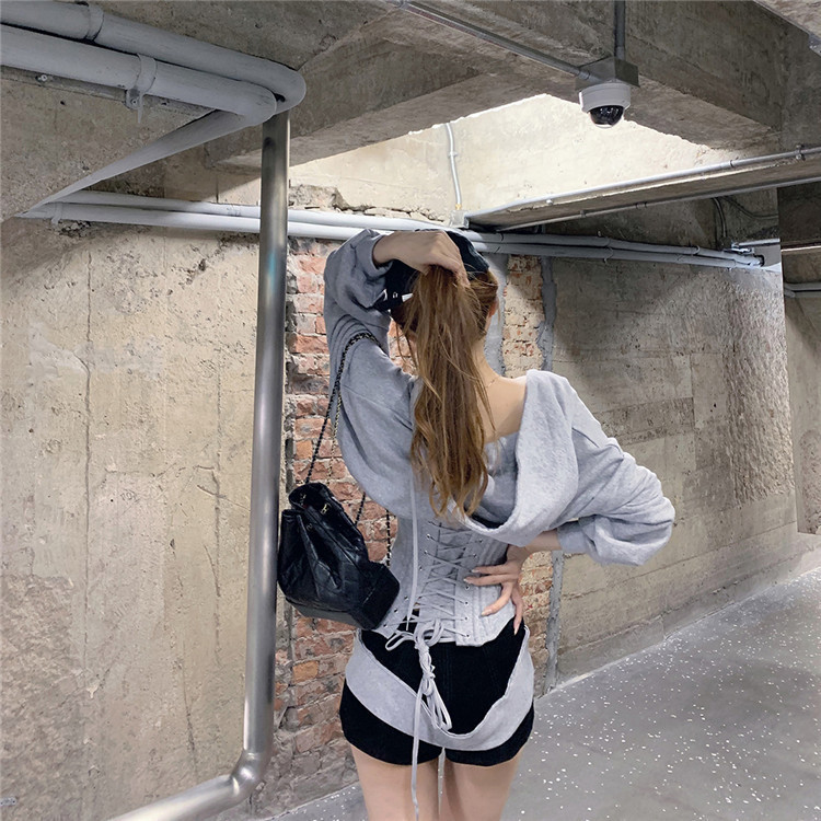 TVVOVVIN Fashion Early Autumn Mature Style Thin Hat Long Sleeve Bandage Waist Gray Slim Fit Sweatshirt Woman L027 201102