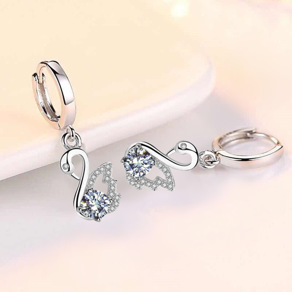 Swan Hoop Earrings 925 Sterling Silver Women's Fashion Jewelry Blue White Crystal Zircon Long Tassel