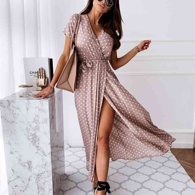 Women Dresses Summer Fashion Polka Dot Split Boho Dress Casual Beach Vacation Long Vestido De Mujer YS9885 210623