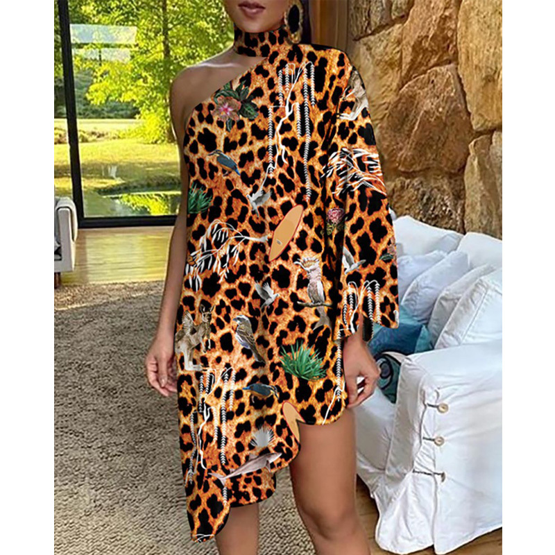 New Fashion Vintage Women Loose Dress Stand neck One Shoulder Figure Print Irregular Ruffle Dress Ladies Vestido 210222