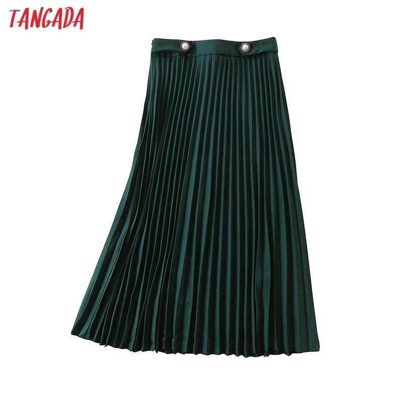 Tangada women green pleated midi skirt button decorate side zipper office ladies elegant chic mid calf skirts QB206 210309
