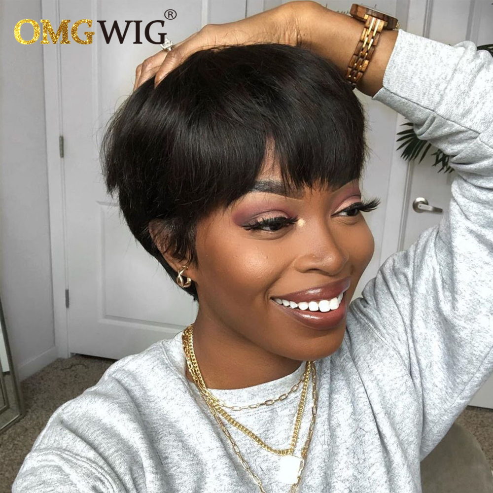 Short Human Hair Wigs Pixie Cut Straight Brazilian Remy Hair none Glueless Full lace front Wig With Bangs Fringe Black/brown Color