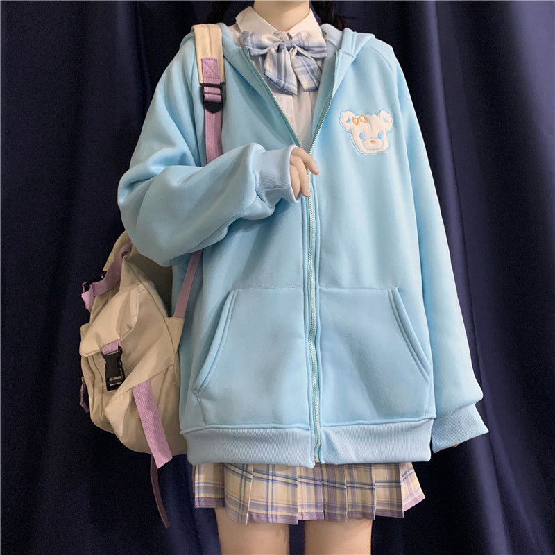 HOUZHOU Korean Style Women Hoodies Winter Fashion Kawaii Rabbit Ears Sweatshirt Long Sleeve Loose Embroidery Zip Up Hoodie 201211