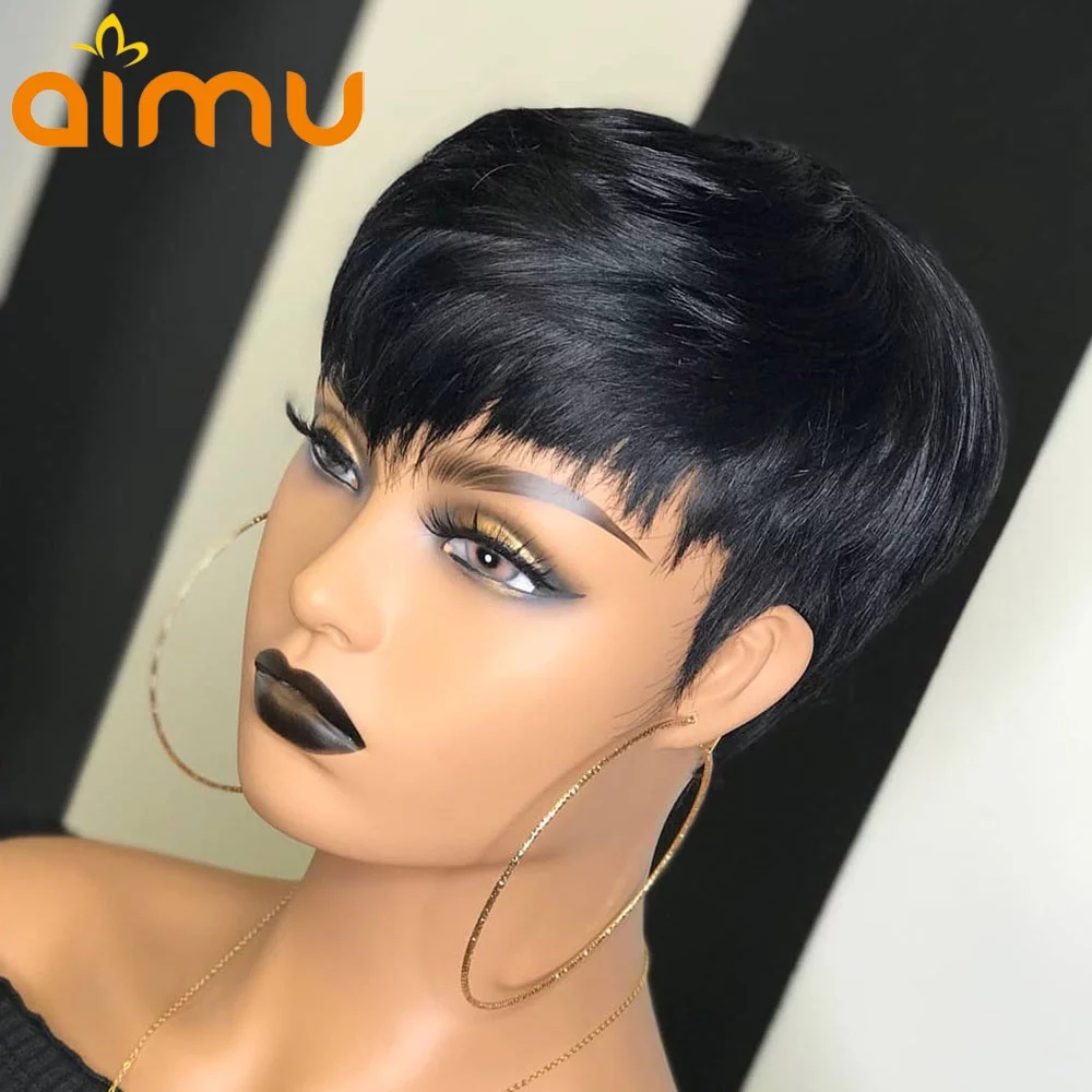 150% Pixie Short Bob Cut Blunt None Lace Front Human Hair Wigs With For Black Women Straight Remy Black /Bury Red /Ombre Blonde Colorwig