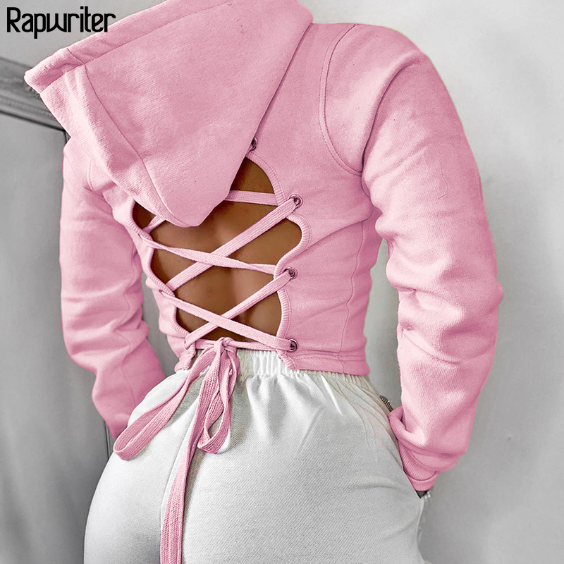 Cross Bandage Tie Up Backless Black Pink Hoodie Sweatshirt Women Autumn Long Sleeve harajuku Hoodies Pullover Crop Tops 201103
