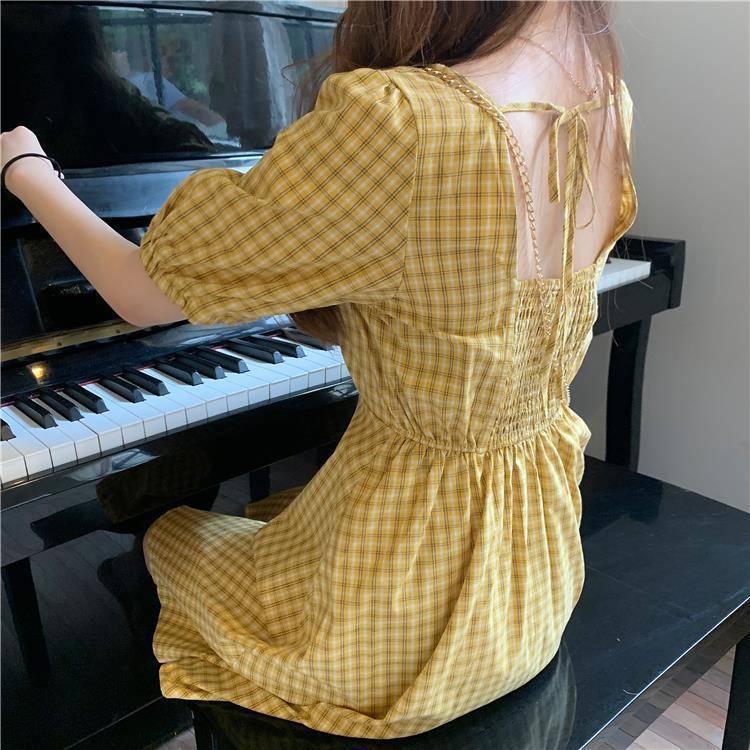 Women Plaid Dress V-neck Short Sleeve Loose Fashion Leisure Sweet Korean Style Backless Lace-up Chic Student Ulzzang All-match C0304