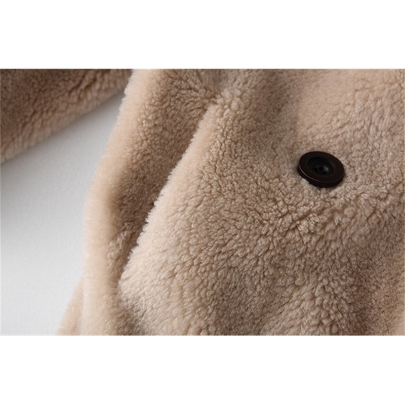 Obrix Winter Straight Female 100% Sheep Wool V-Neck Double Breasted Casual Full Sleeve Streetwear Fashionable Fur Coat For Women 210218