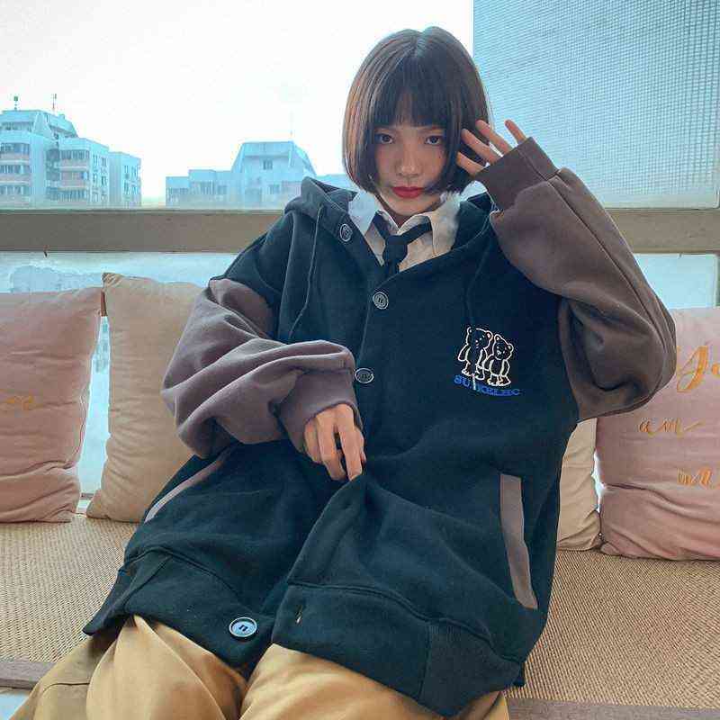 Harajuku Oversized Sweatshirt Streetwear Women Print Letter Zip Up Hoodies Student Plus Size Korean Outwear Chic Bear Loose Tops 211109