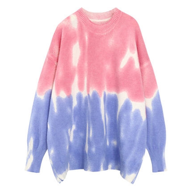 H.SA Korean Fashion Pink Sweater Tie Dye Jumper and Pullovers Patchwork Casual Knitwear Pull Jumpers Kawaii Christmas 210716