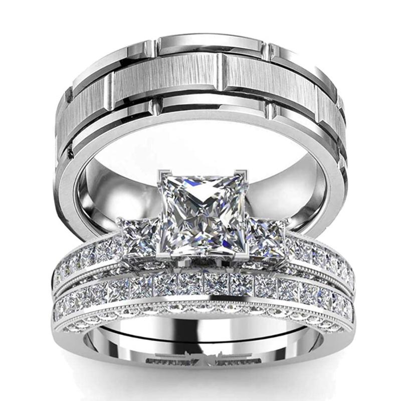 Wedding Rings Couple Women's Classic Square Zircon Engagement Ring Set & Men's 8MM Stainless Steel Silver Color Groove Cut