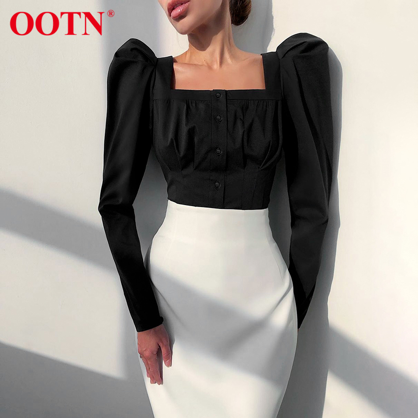 OOTN Square Neck White Shirt Female Pleated Tunic Women Blouse Elegant Puff Sleeve Top Black Office Ladies Blouse Cotton Blue 210225